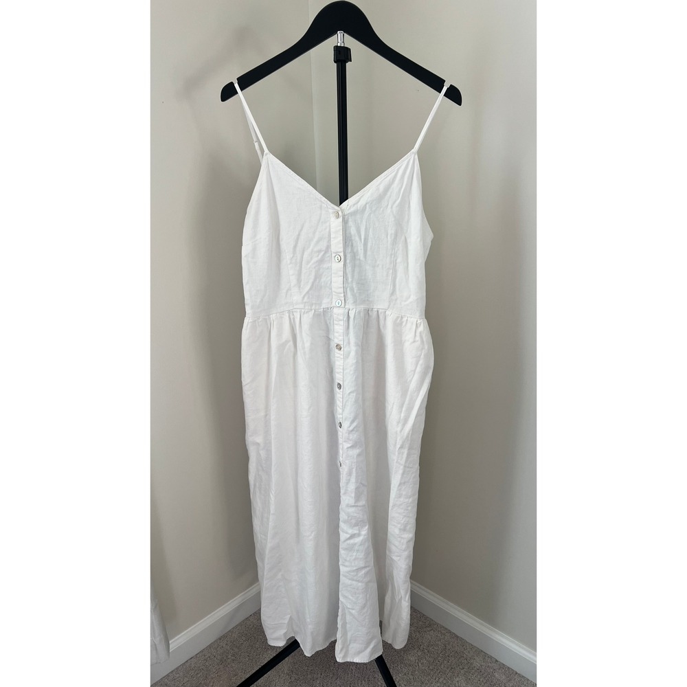 A New Day White Linen Blend Button Front Midi Dress Smocked Back Pockets L